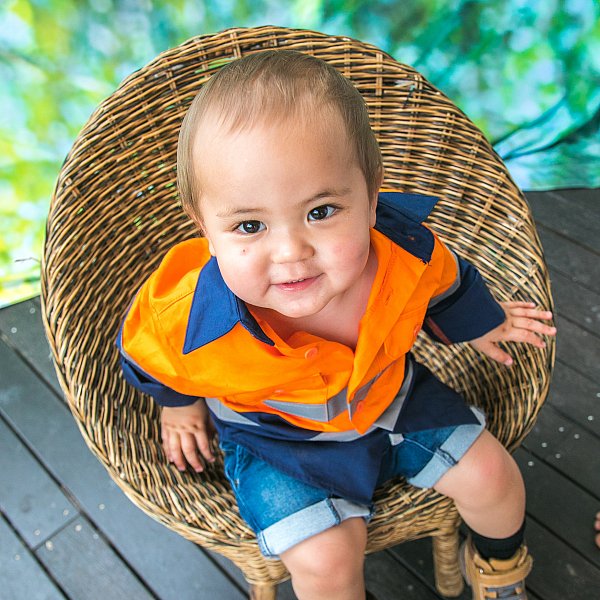 adorable toddler photo day tradie baby uniform promo photo